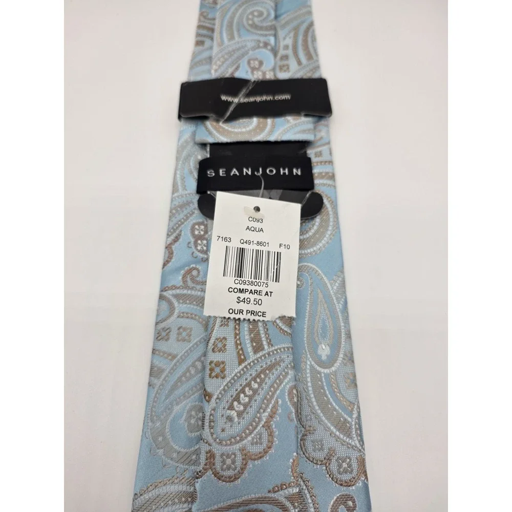 Sean John Tie Aqua Gold Silver Paisley Pattern Necktie 57